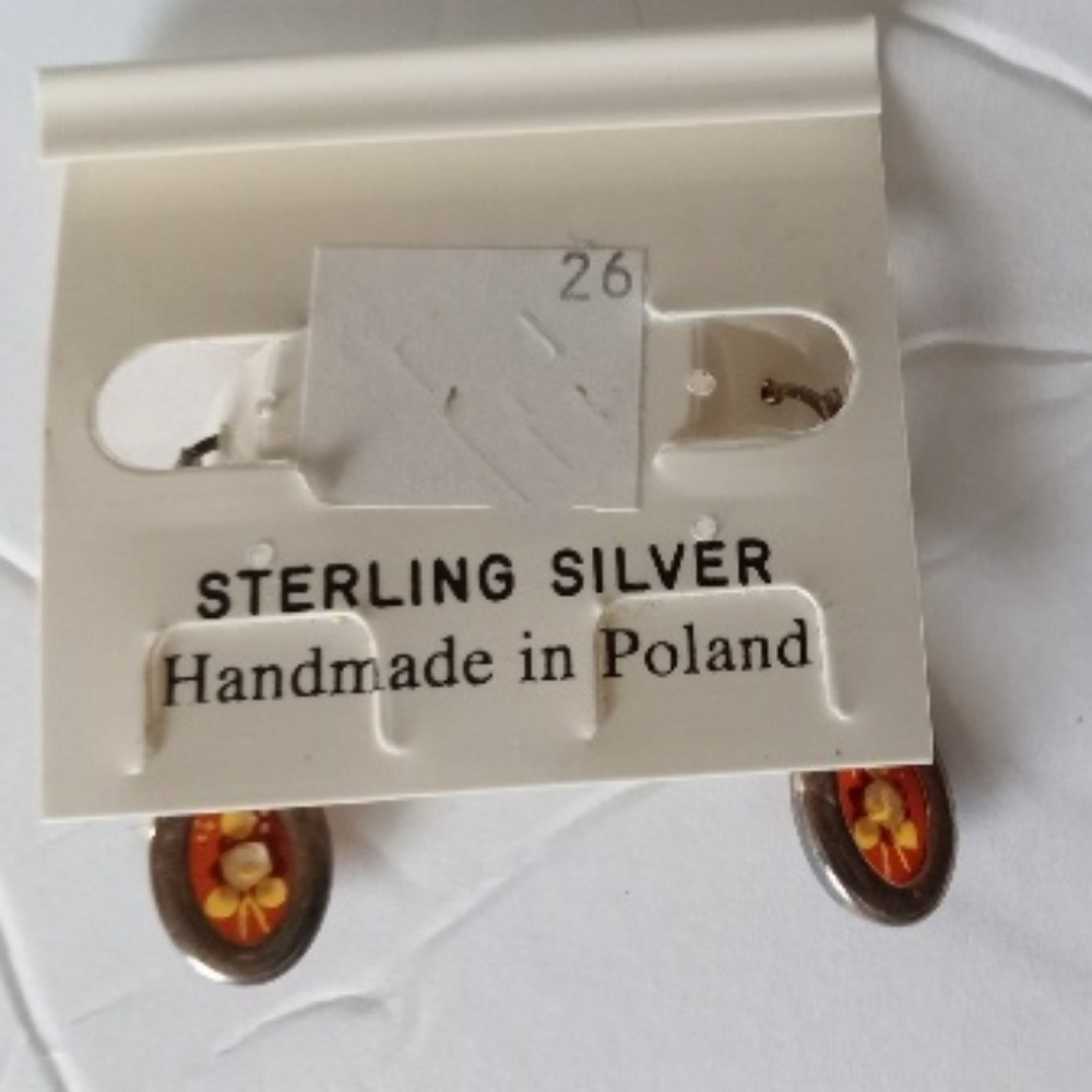 Vessel Amber and Sterling Silver Earrings w/ White Rose- Vintage- Made In Poland - Picture 2 of 4